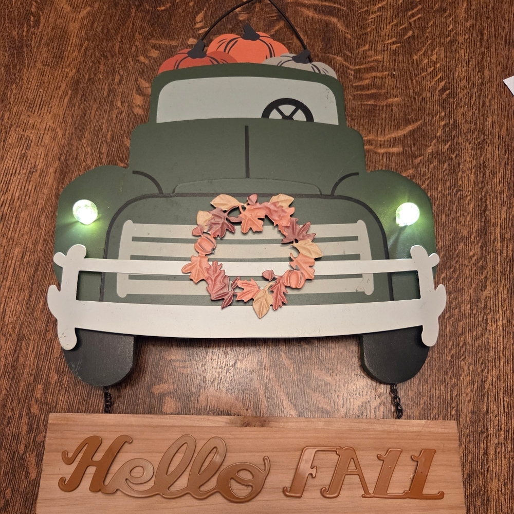 Green Truck W/ Working Headlights Hello Fall Harvest Wooden and Metal Wall Decor